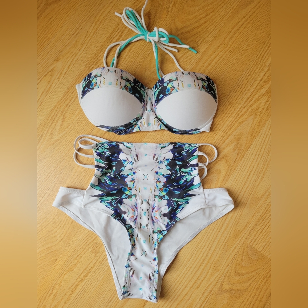 White Floral Two Piece Bathing Suit